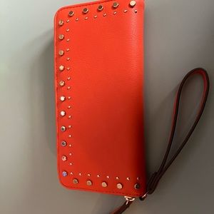 New INC zip around orange wallet with gold embellishments